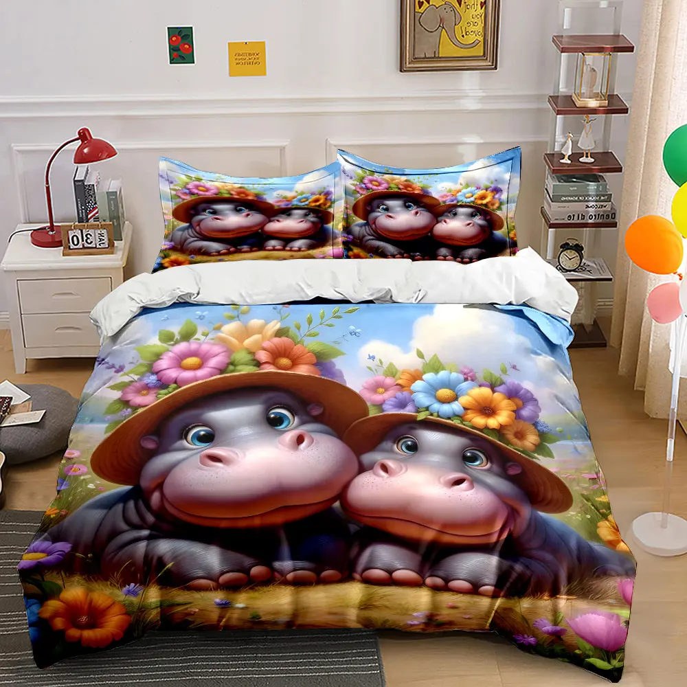Hippos in floral hats, sunny meadow Printed Duvet Cover Set 1 Duvet Cover+2 Pillowcase Multi Size Bedroom Bedding Decoration