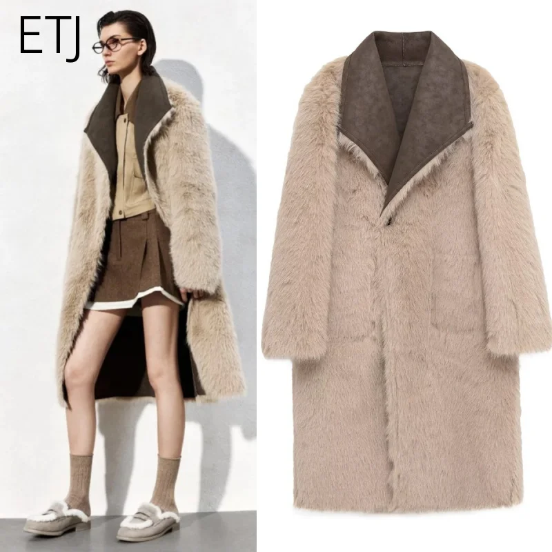 

ETJ 2025 женская зимняя новая модная одежда, пальто с лацканами из искусственного меха, свободная версия модного пальто