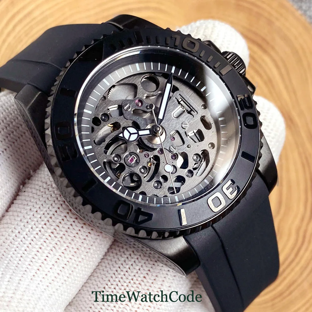 

Tandorio Automatic Watch for Men NH72 Movement Skeleton 20BAR Waterproof Sapphire Crystal See through Dial Black Plated 40mm