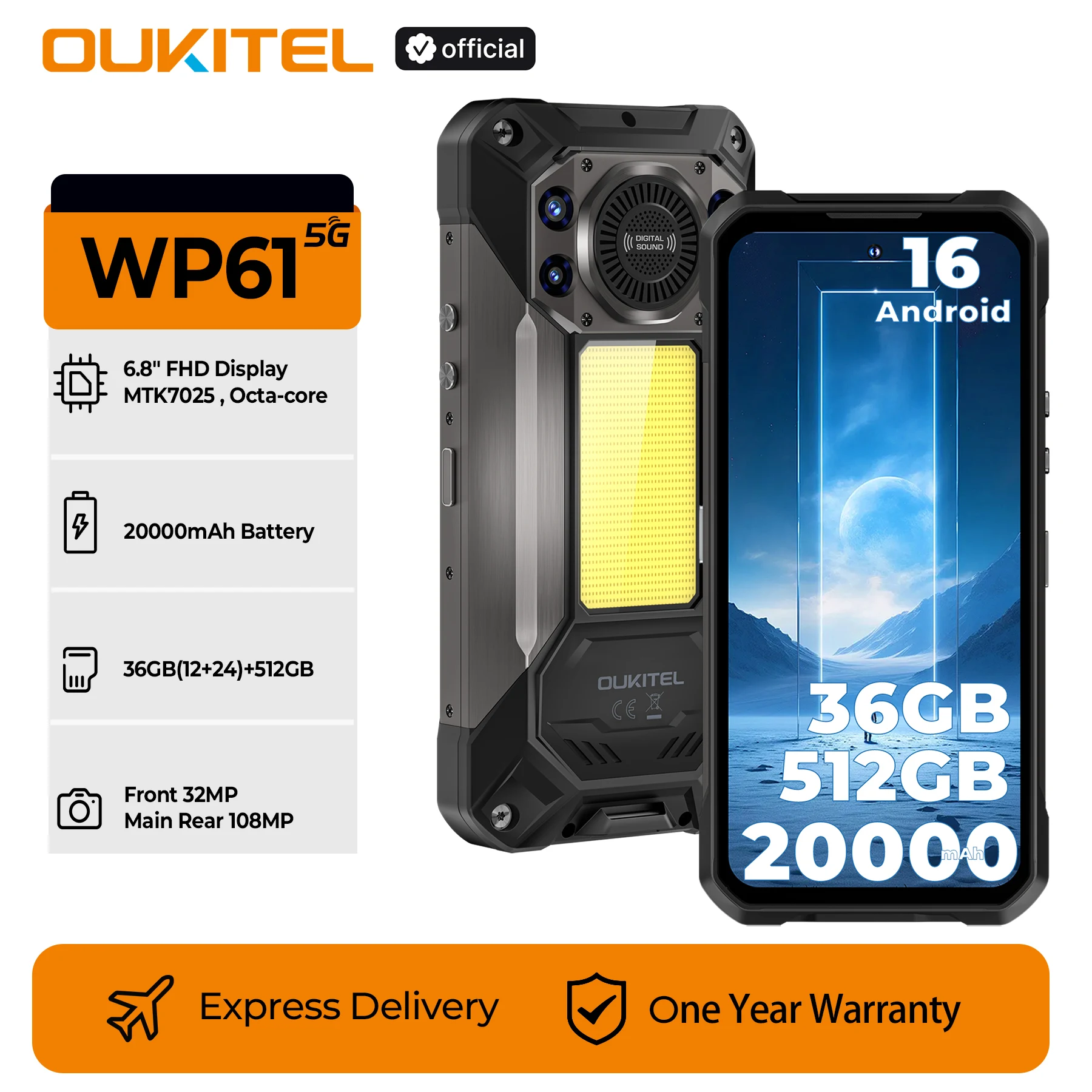 

[NEW] OUKITEL WP61 20000mAh 5G Rugged Phone, 6.78'' HD+ Display 36GB(12+24)+512GB ROM, 108MP Camera Android 16 NFC Smartphone