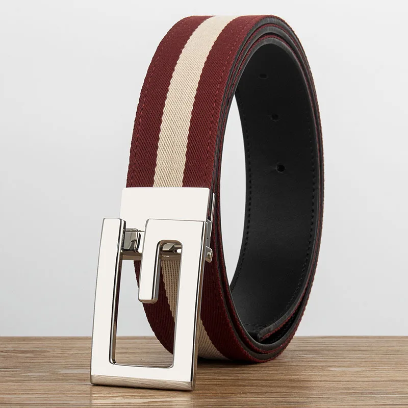 Letter buckle men's and women's genuine leather belt canvas striped jeans belt double-sided youth Korean version versatile belt