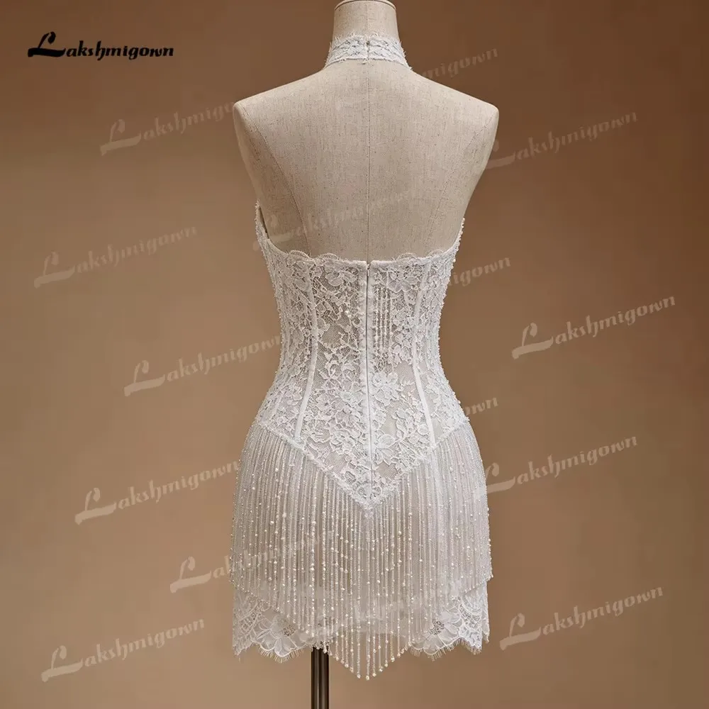 Halter-Neck Brautkleid, Mini-Hochzeitskleid, Korsett-Oberteil, transparente Spitze, perlenbesetztes Mieder, Perlenfransen am Saum, offener Rücken, Hochzeits-Oberteil, Vinta – Detail 6