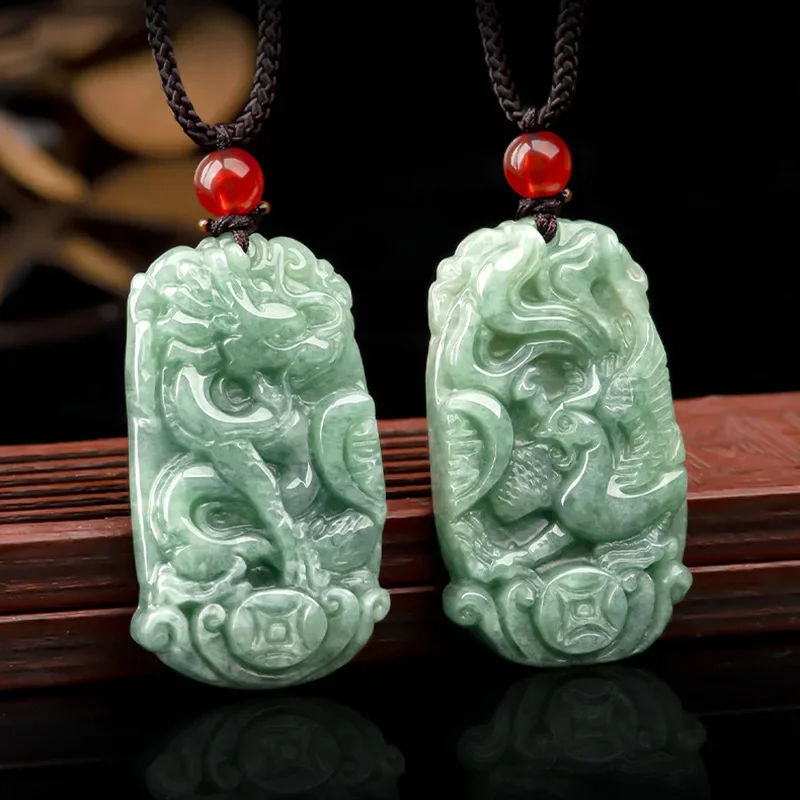 

1 Pair Natural Emerald Dragon Phoenix jade Pendant Beads Necklace Charm Jewellery Fashion Hand-Carved Man Woman Luck Amulet