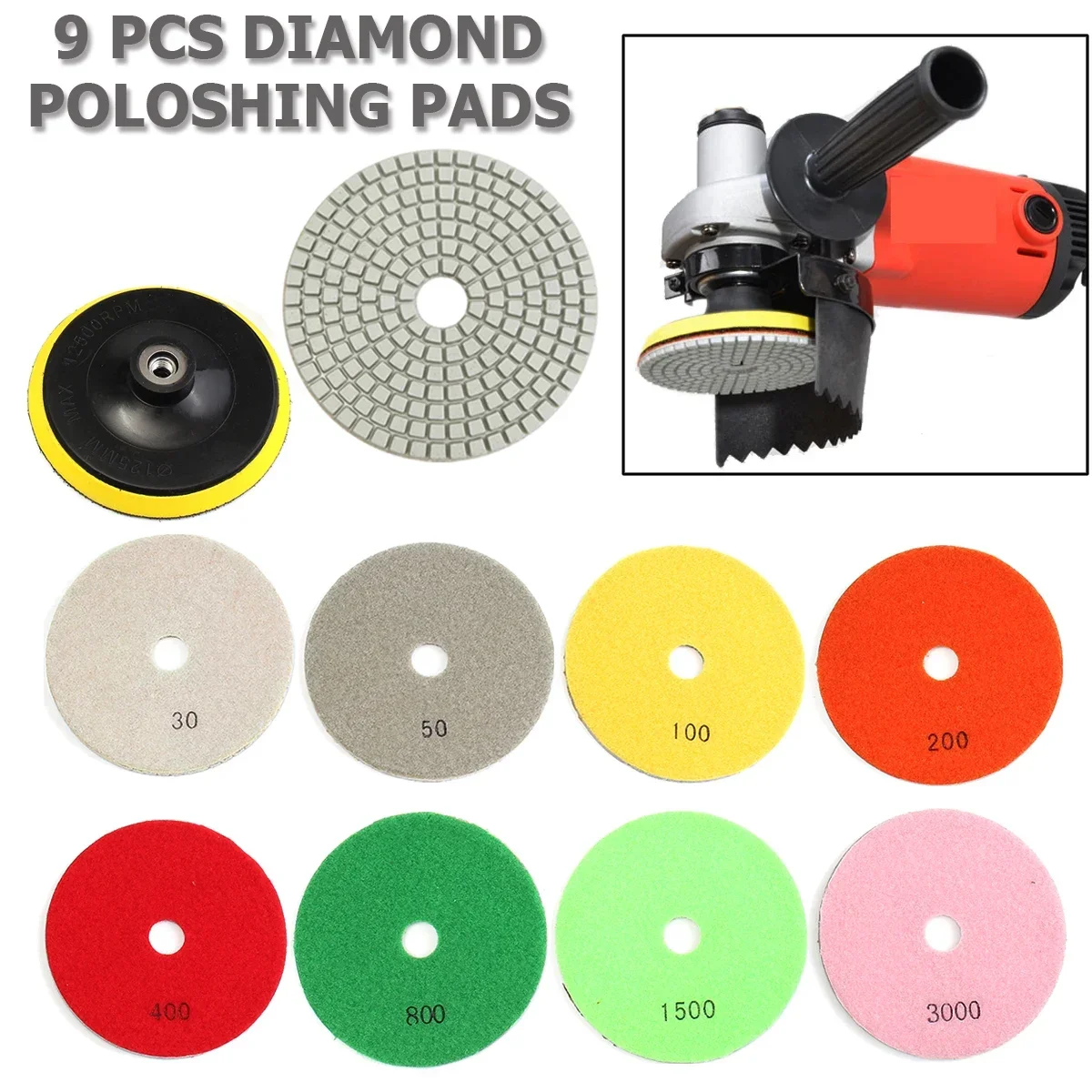 

9pcs/set 5 Inch Diamond Polishing Pad Set Wet Dry for Granite Concrete Marble Stone Tiles Diamond Polishing Pad Backer Pad