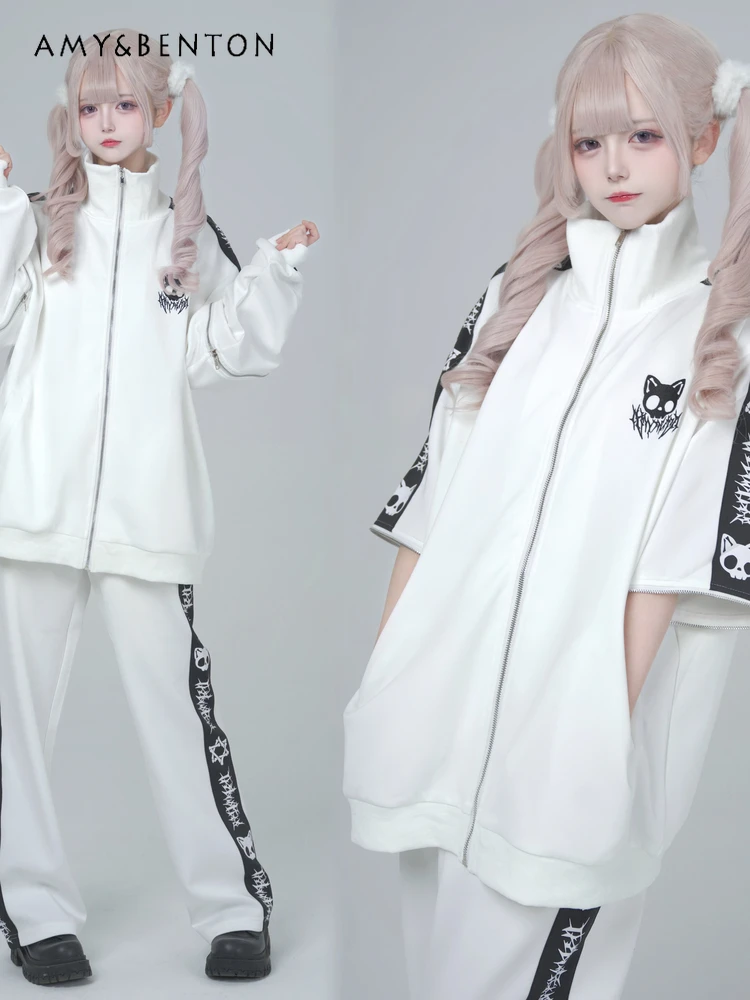 Setelan Dua Potong Wanita Bergaya Anime Jepang Asli, Subkultur Gothic, Jaket Oversize Lengan Lepas Pasang, Celana Kasual, Patchwork