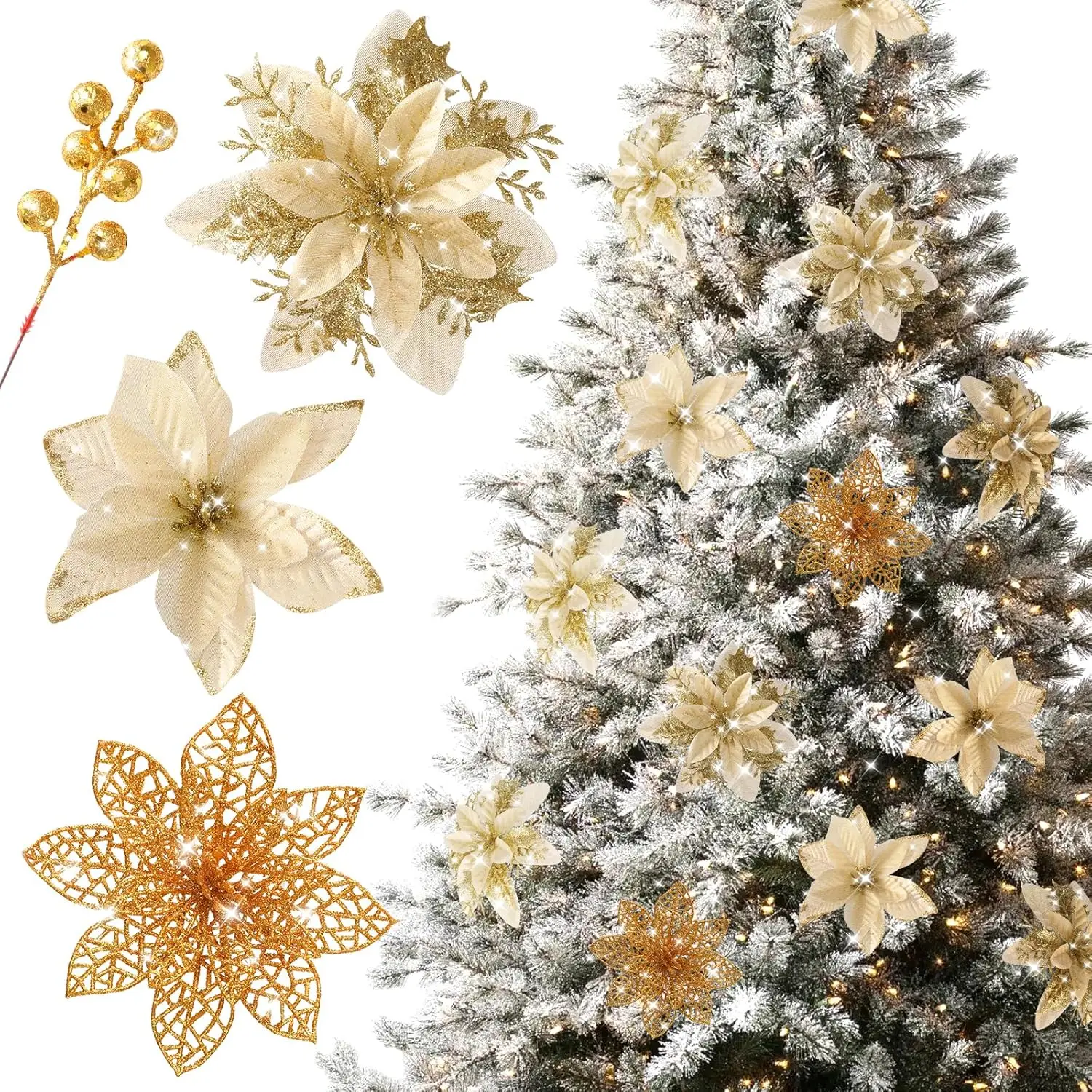 

30pcs Gold Artificial Poinsettia Christmas Flowers with Clips & Berry Stems for Tree, Wreath, Fireplace Decor