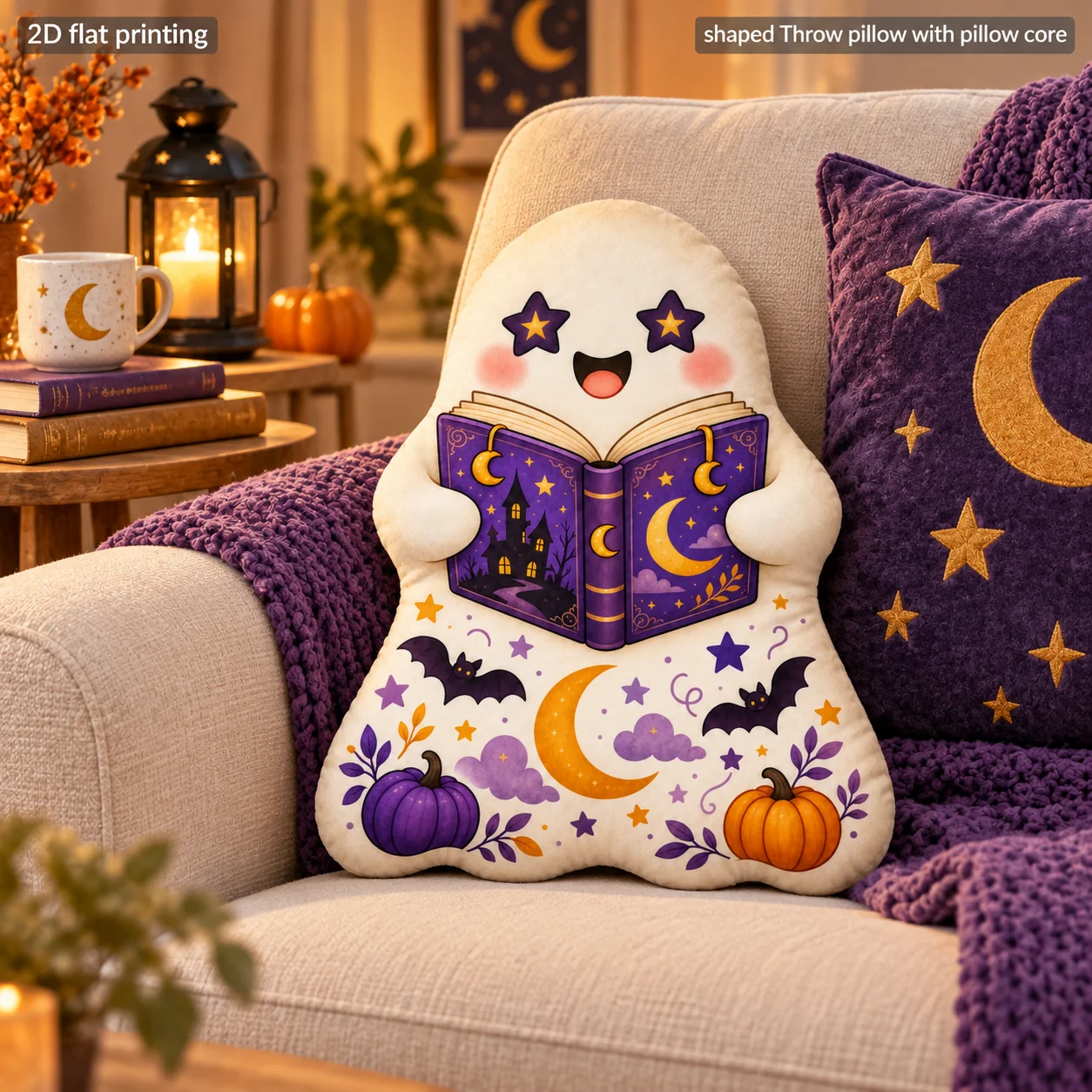 Cute Ghost Moon Stars Shaped Throw Pillow with Pillow Core Polyester Two Sided Print Decorative Cushion Sofa Bedroom Gift