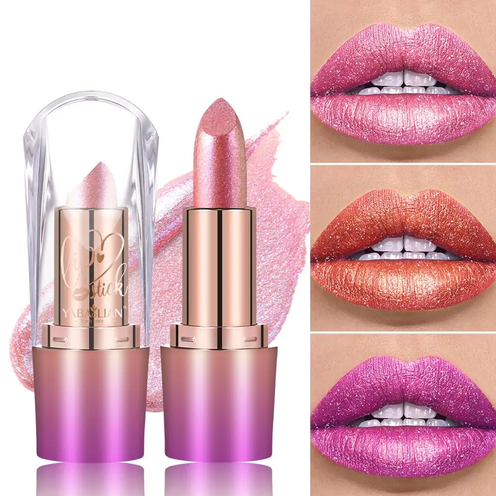 Holographic Metallic Glitter Lipstick, Long Lasting Waterproof Non-Stick Cup 3D Pearlescent Shine Moisturizing Lip Stick Daily