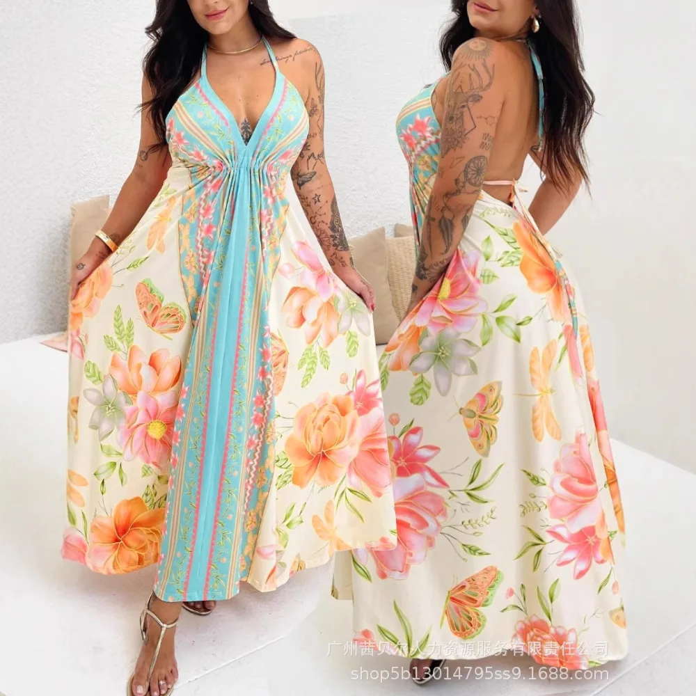 V-neck Sexy Beach Dress Women Summer Back Hollow Bacless Vacation Long Dress Sleeveless Spaghetti Strap Camis Sexy Dress