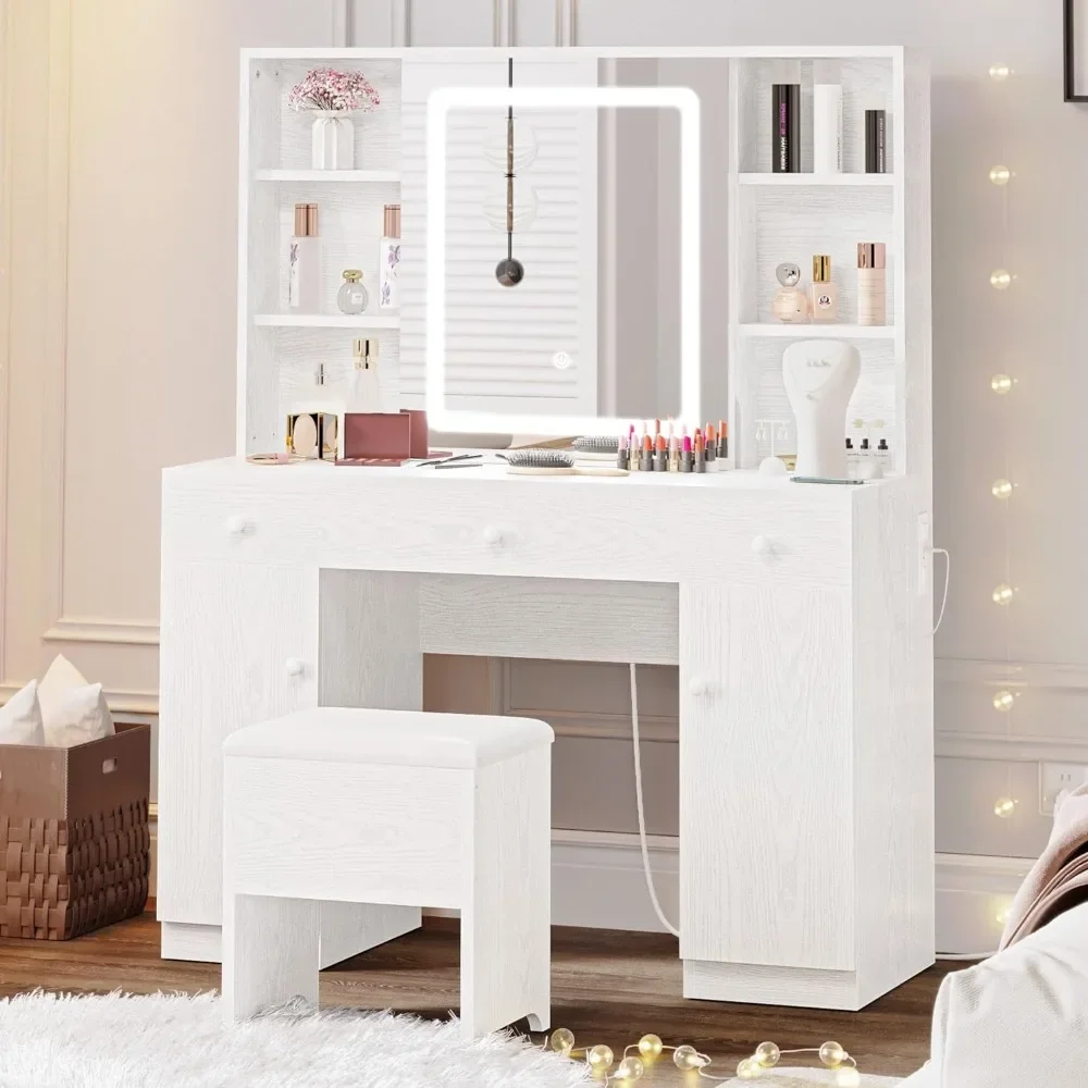 Dressing table with LED lighting mirror and power socket, dressing table set with 7 drawers