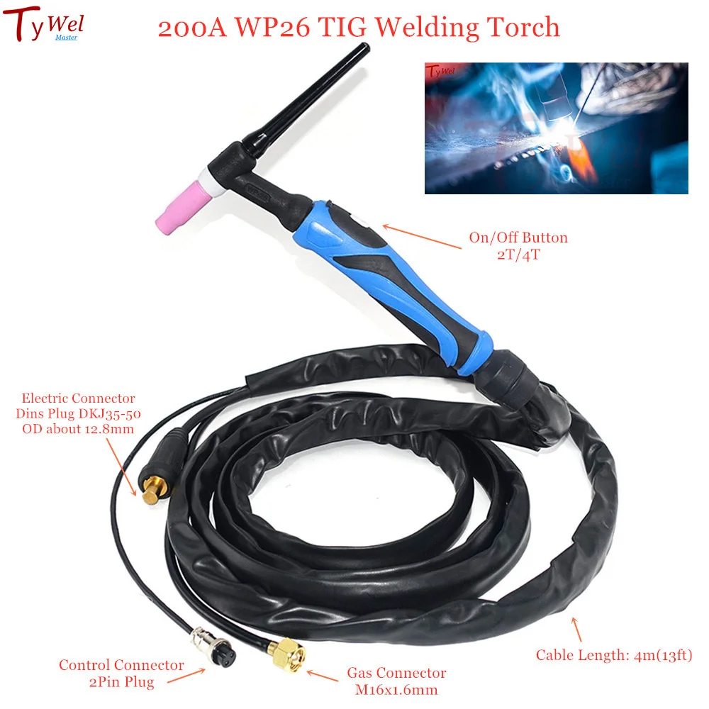 Gás Tungsten Arc Welding Gun, tocha TIG, refrigerado a ar, GTAW, WP-26 Argon, WP26, 4m, 13ft