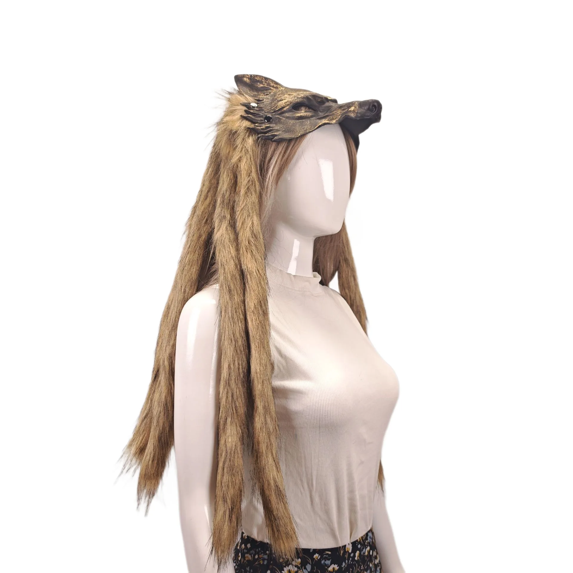 Viking-style wolf hair cap decoration costume for Halloween role-play with Nordic style mask view 5
