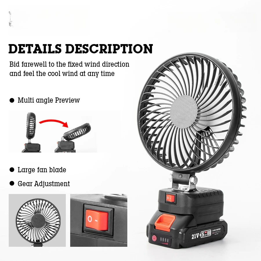 Black Lithium Electric Fan Fit Makita 21V Battery Large Fan Blade 90° Degree Adjustment Portable Quiet Fan Strong Wind