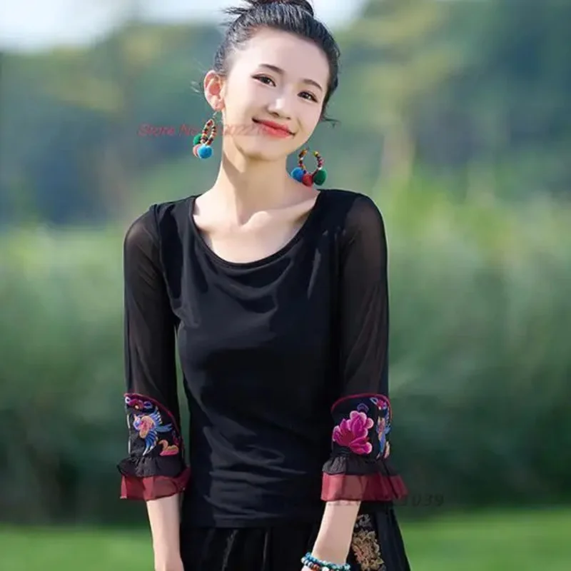 

2025 chinese traditional t-shirt women national flower embroidery o-neck elastic mesh shirt oriental vintage ethnic base shirt
