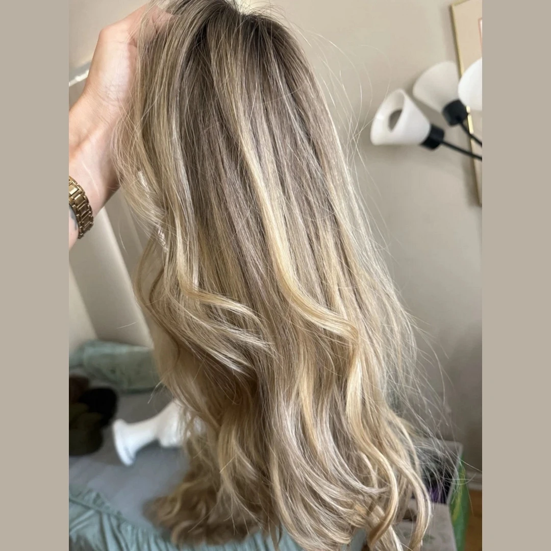 

Синтетический парик 18 дюймов, средней длины, омбре, пепельно-русый, из термостойкого волокна премиум-класса, для повседневного ношения, с темными корнями и центральным пробором