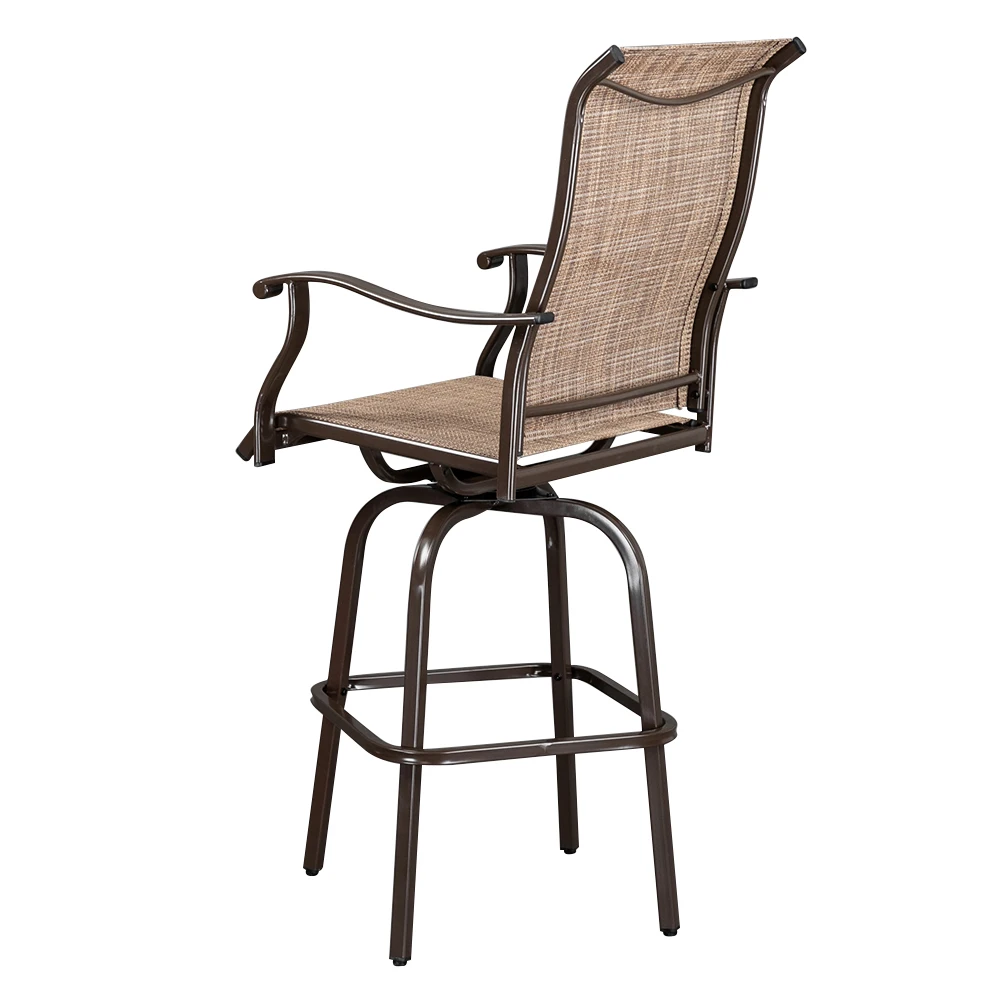 2 Piece Swivel Bar Stools Outdoor High Patio Chairs Furniture with All Weather Metal Brown Frame