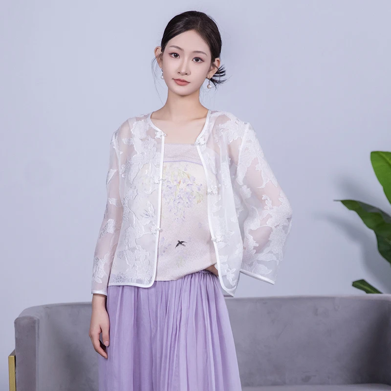 

Новинка 2025, осенний модный шелковый кардиган с защитой от солнца, прозрачный роскошный топ, китайский круглый женский кардиган Ne Long Sve...