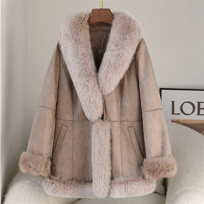 Winter Rabbit Fur Linging Coat Jacket Female Fox Fur Collar Coats Lady Over Size Parka Trench CT276