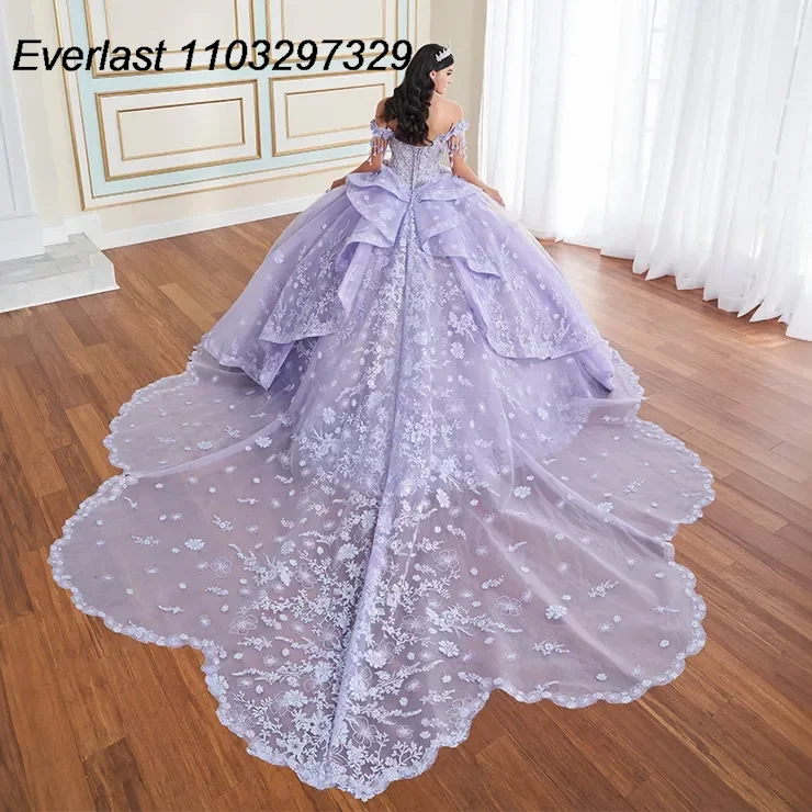 Evlast personalizado lavanda quinceanera vestido de baile renda applique miçangas cabo mexicano doce 16 vestidos de 15 anos tqd841