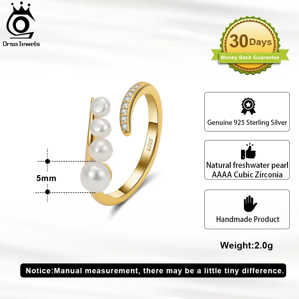 ORSA JEWELS Real 925 Sterling Silver Natural Freshwater Pear Rings for Women Girls AAAA Zirconia Adjustable Ring Jewelry GPR07