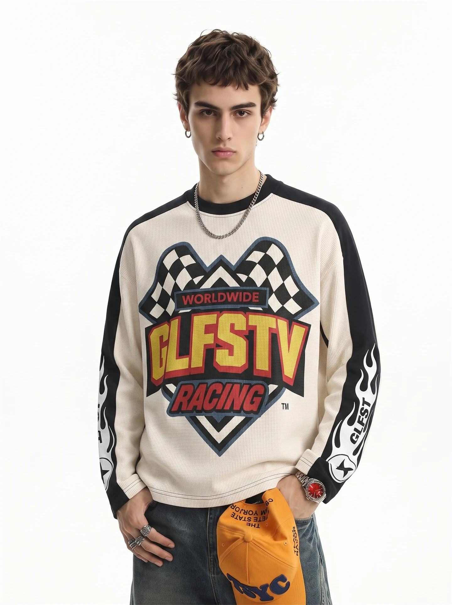 BETEBULE American Style Long Sleeve T-Shirt Men's Vintage Boxy Top Color Block Print Casual Comfortable Autumn Wear