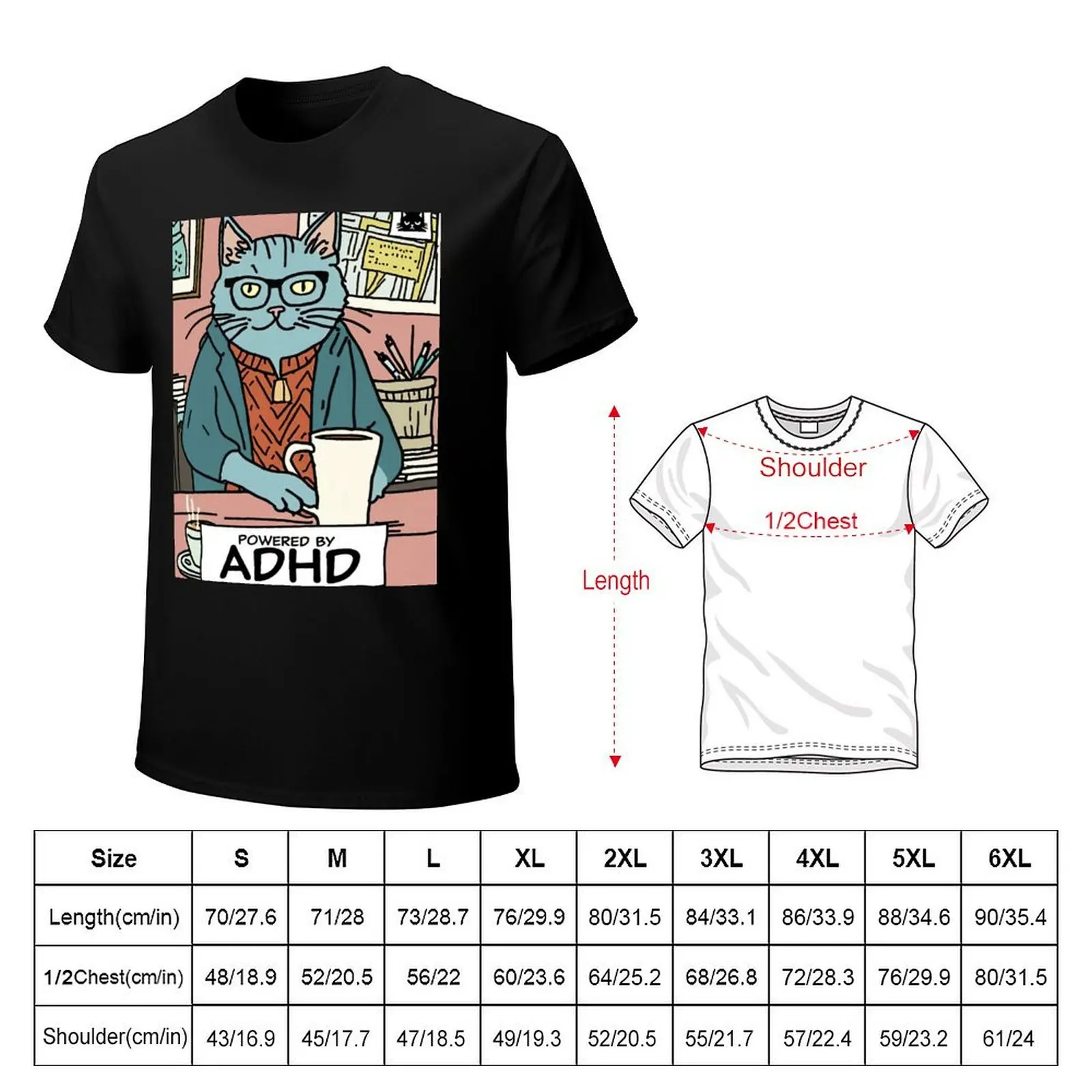 Powered by ADHD - Sarcastic Exhausted Cat Illustration T-Shirt gifts for boyfriend anime figures vintage t shirt men
