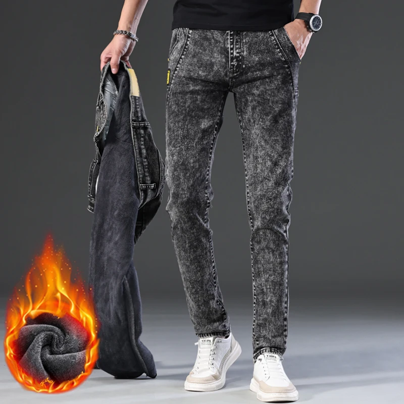 

Snowflake Warm Fleece Slim Jeans Korean Men Fashion Winter Thickened Skinny Denim Pants Stretch Pencil Trousers Streetwear