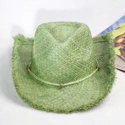 Sombreros de vaquero verde hierba para hombres y mujeres, sombrero de paja de vaquero monocromático, sombrero de fieltro de ala grande, sombrero de jinete de playa al aire libre