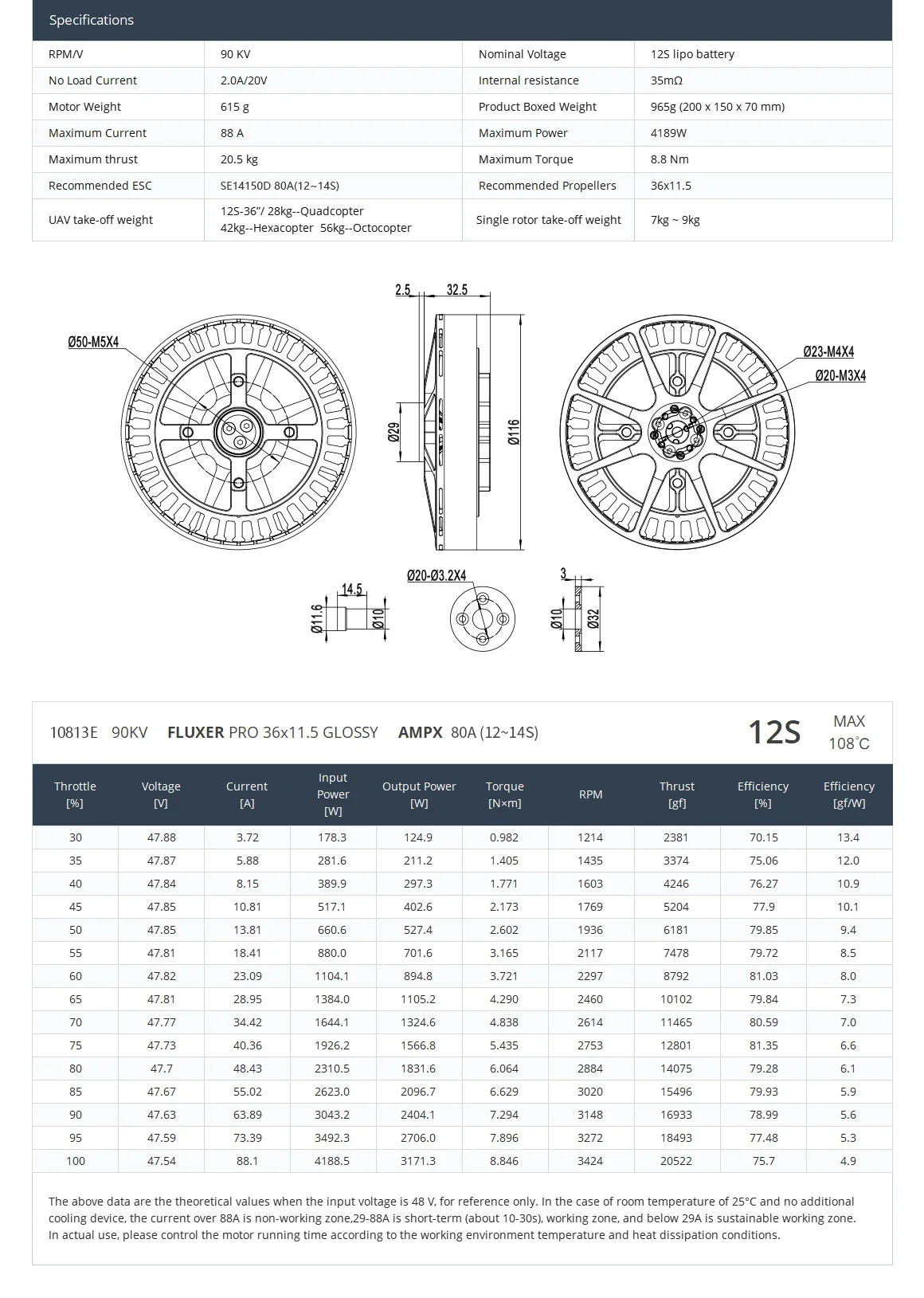 10813E 90KV محرك بتيار مستمر بدون فرش 12S 20.5 كجم أقصى دفع متعدد الدوار VTOL Dr-one Motor