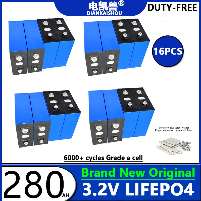 

16pcs 3.2V 280k 280ah 310ah Lifepo4 Rechargeable Battery DIY Lithium iron phosphate Cell Pack golf For RV Camper Solar system