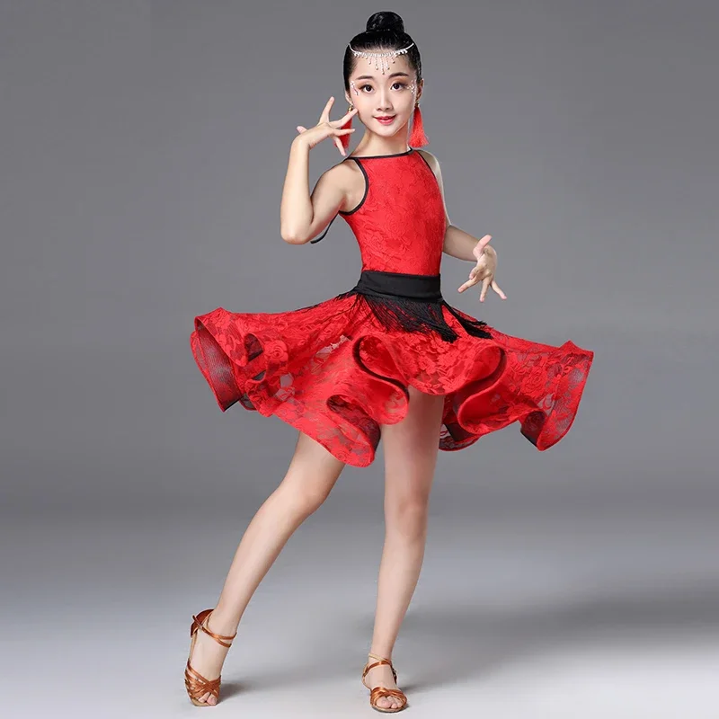 Vestido de baile latino para niño, falda de alta calidad con flecos rosas, para práctica de baile profesional, novedad de 2022