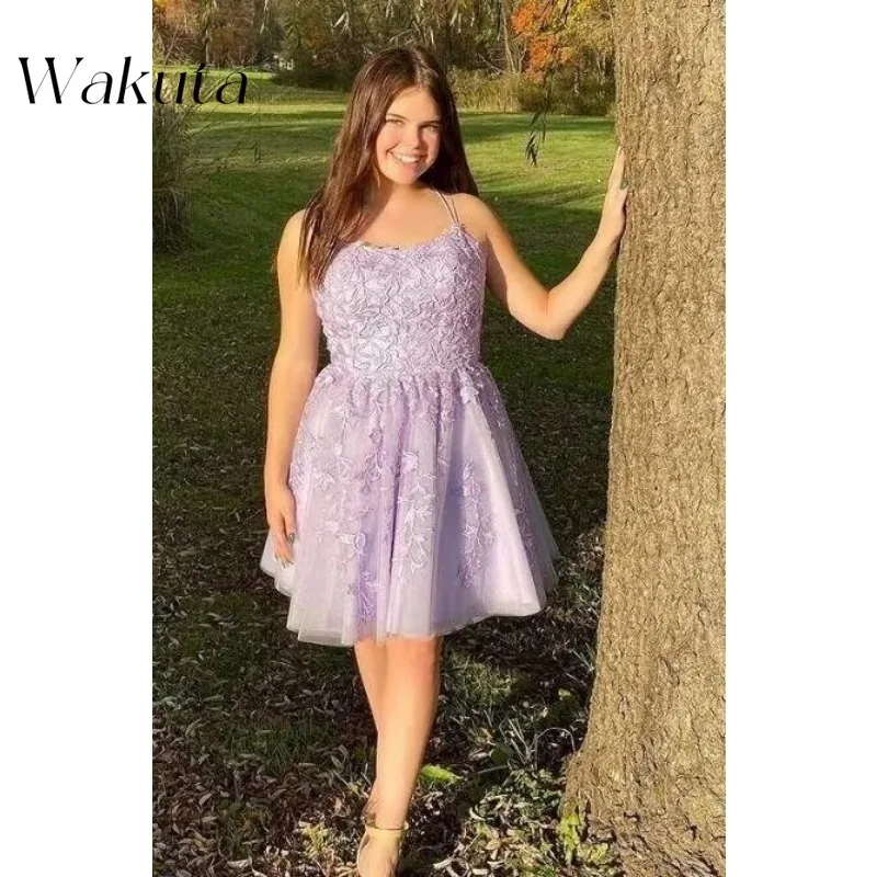 Wakuta elegante encaje apliques bata De regreso a casa para adolescentes sin mangas Vestidos De Noche modernos A-Line Glitter Vestidos De Graduación