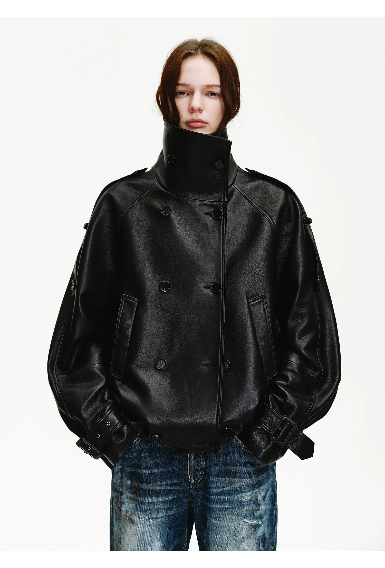 Lautaro Spring Autumn Cool Handsome Oversized Black Pu Leather Jackets for Women Double Breasted Luxury Designer Clothes Fashion