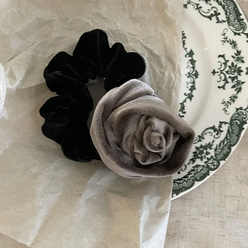 Handmade Velvet Rose Flower Large Intestine Hair Ring Tied-up Hair Rubber Headband Head Rope Women's Versatile Hair Accessories