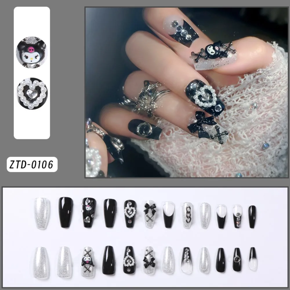 24pcs sanrio kawaii aranyos kuromi handmade Bűvészkellék Köröm vel Meghajlás Gyöngyözik Kidolgozott Balett Fehérneműs szekrény -en nails 3D Gúnyrajz Anime Ál- nails