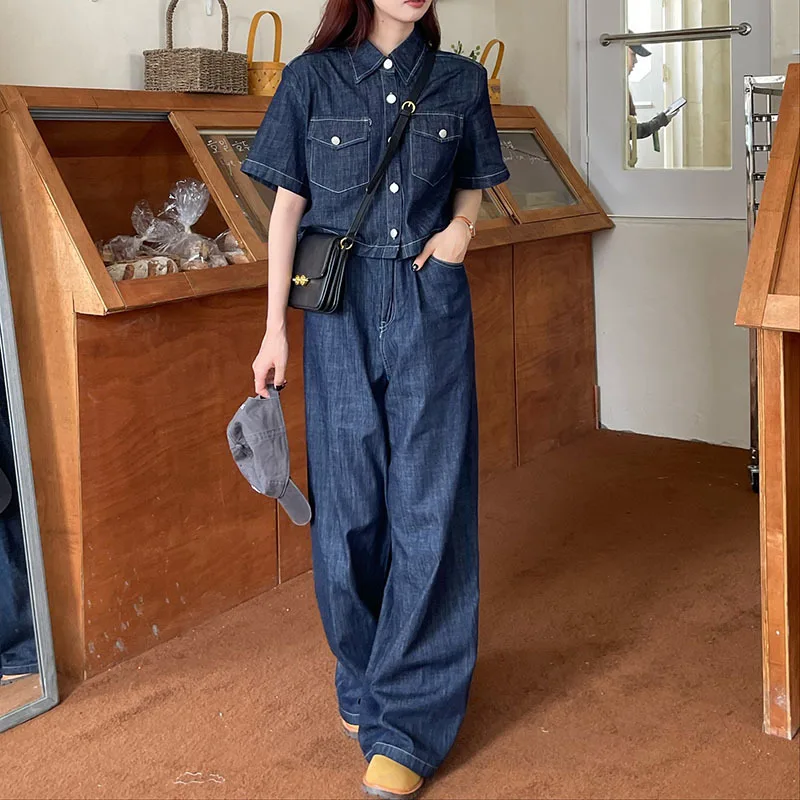 Blue Denim Two Pieces Sets Women Loose Chic Summer Short Sleeve Coats 2024 Jeanswear New High Waist Slim Pants Suits