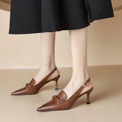 2024 Women's New Spring/Summer Pointed Leather Cowhide Headband Hollow Elastic Belt Buckle Mid Heel Large Sandals