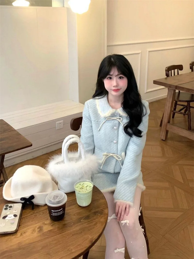 

Korean Sweet Doll Neck Woolen Coat Skirt Two Piece Set Women Fashion Bow Plush Splice Soft Gentle Temperament Winter Slim Suit