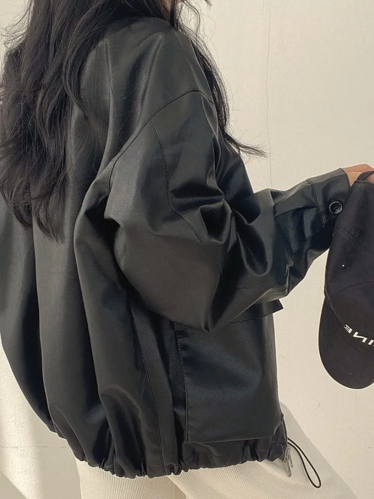 Ele Double ket Zipper Leather Jaet Women's Faion Versatile  Collar Autumn Coat Chic Commute Sle Long Sve