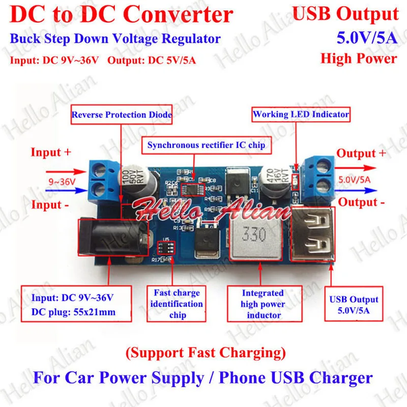 

9V-36V 12V 24V to 5V 5A Car USB Charger Power Module DC-DC Buck Step Down Converter