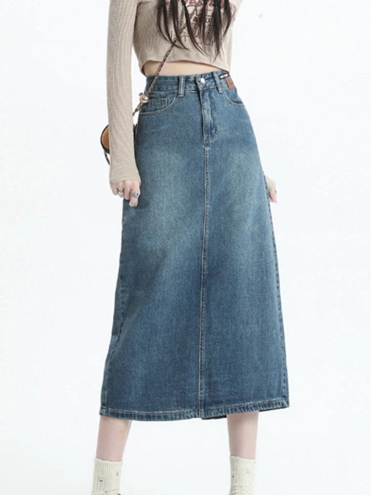 

Fashion Blue Denim Skirt Womens Back Slit Midi Skirts Vintage Pocket Denim Skirts Casual Office Lady High Waist skirt Streetwear