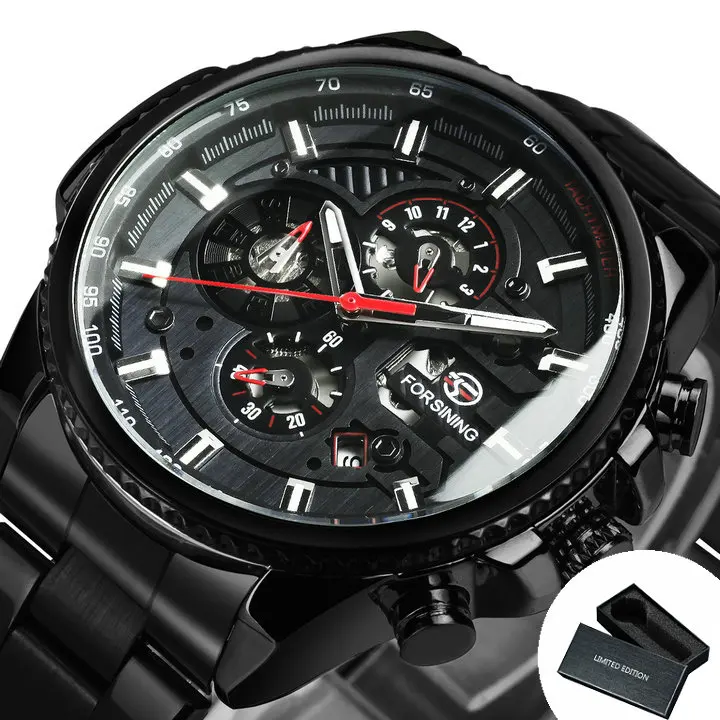 Forsining-Montres-bracelets de sport mécaniques pour hommes, cadrans multifonctions, mains Shoes, montre automatique militaire, bracelet en acier de luxe