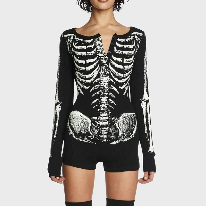 Autumn 2024 New Halloween Cosplay Personalized Slim Fit Skull Bone Print Jumpsuit for Women