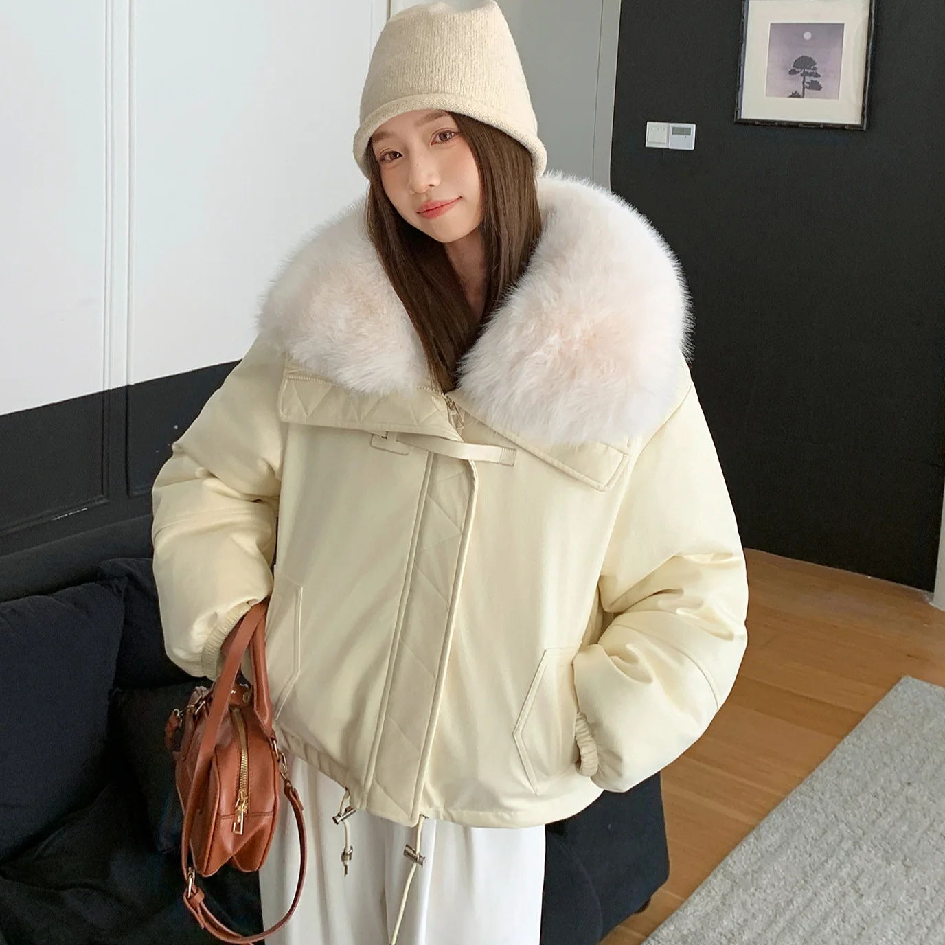 Short Women Parkas Coats Oversize Jackets Solid Big Fur Collar Zipper Drawstring Hem Loose Fit Thick Casual 2025 Autumn Winter