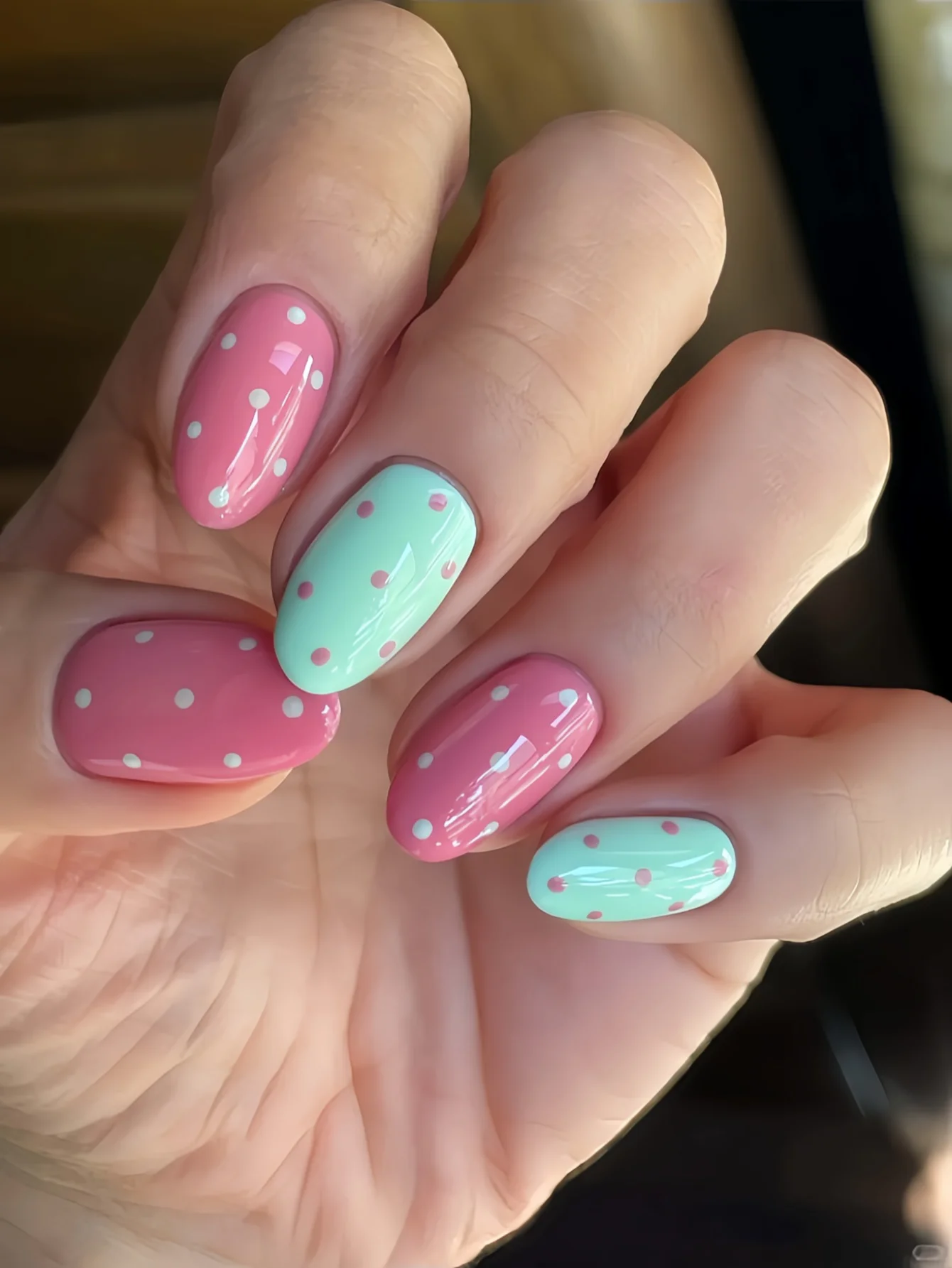 10-Piece Set of Pink and Green Contrasting Polka Dot Short Oval Press-On Nails, with White Dots on a Pink Base and Green Dots on a Green Base, Full of Playful Retro Childlike Charm