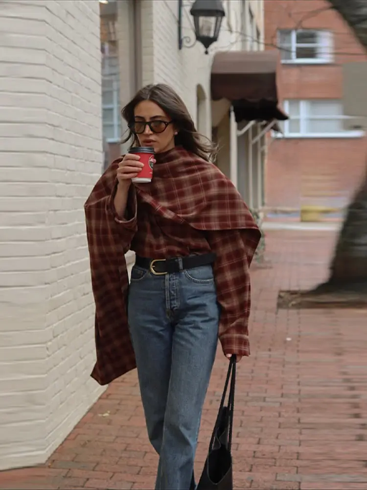 Moda cachecol gola xadrez jaqueta feminina casual manga cheia solta curto xale manto casacos 2026 senhora diariamente high street outerwear