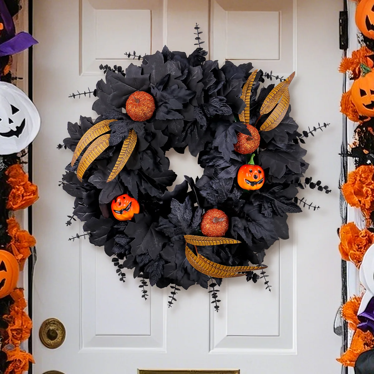Halloween Black Maple Leaf Dead Branch Wreath Door Hanging, Ghost Festival Party Simulation Pumpkin Vine Ring Arrangement Props