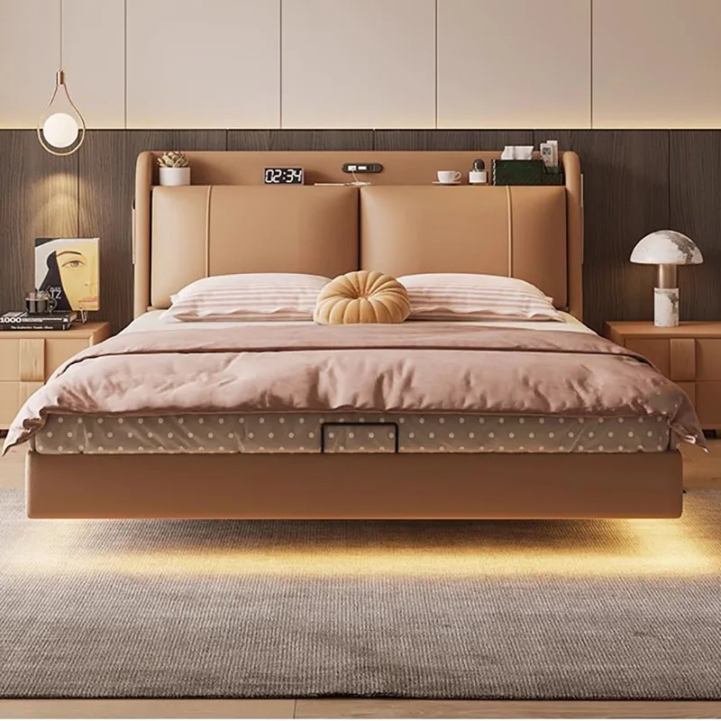 

Leather Yellow Nordic Double Bed Floating Shelves Wood Modern Twin Bed Frame Modern Platform Cama Box Casal Home Furniture