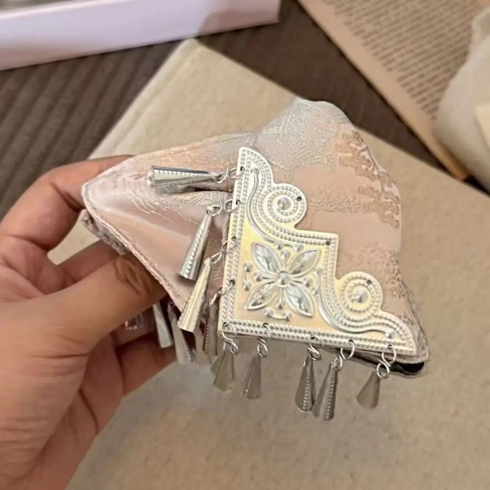 Fashion Cloth Satin Triangle Hair Claw Large Bow Ethnic Style Hair Clip Grasp Flower Silver Tassel Shark Clip Daily
