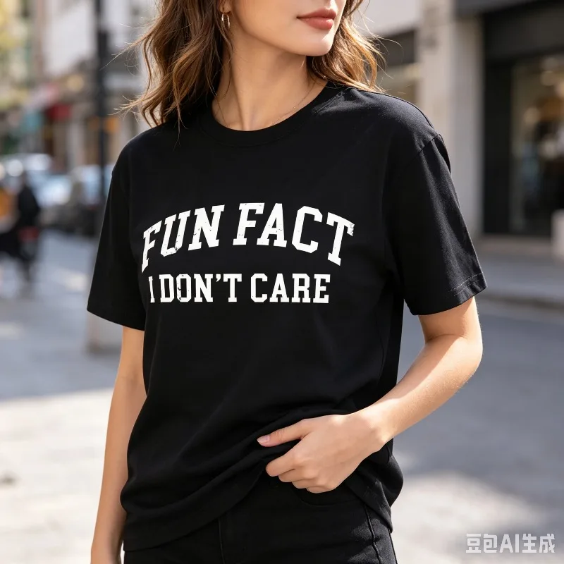 FUN FACT I DON'T CARE Letter Print Women T-Shirt Casual Street Style Crew Neck Short Sleeve Tee for Daily Wear